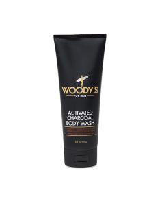 Front facing 8 fluid ounce squeeze tube of Woody's Activated Charcoal Body Wash featuring brand and product markings 