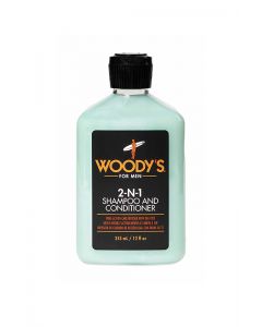 Front view of a 12 fluid ounce bottle of Woody's 2-N-1 Shampoo Conditioner showing its shape, product label, and black cap.