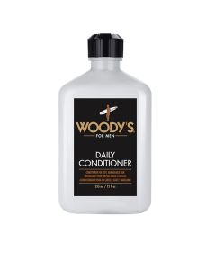 Capped bottle of Woody's daily conditioner for men with a printed label with three different languages