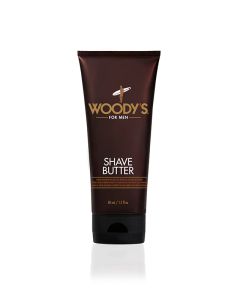 Frontage of a tube-type container of Woody's Shave Butter for men