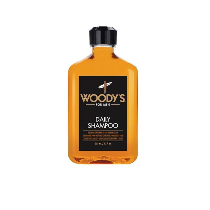 Front view of Woody's Daily Shampoo in a 12-ounce bottle with black cover cap and printed label