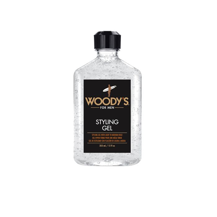 Front view of a 12-ounce Woody's styling gel for men with three different languages on the label