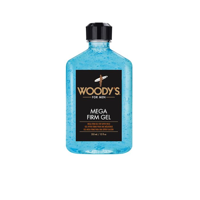 Frontage of Woody's hairstyling Mega Firm gel in a capped 12-ounce bottle with printed label