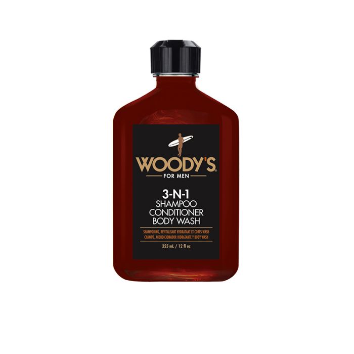 Capped Woody's 3-in-1 shampoo with label and some text in three different languages