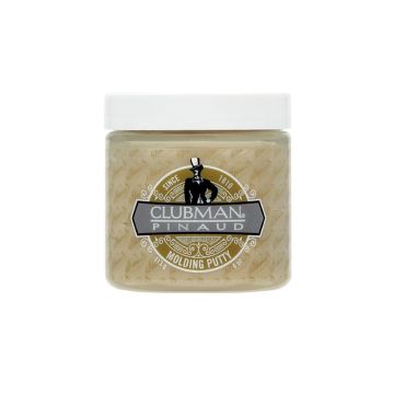 Front view of a clear 4 ounce container of Clubman Molding Putty showing brand logo & its creamy white hair putty contents