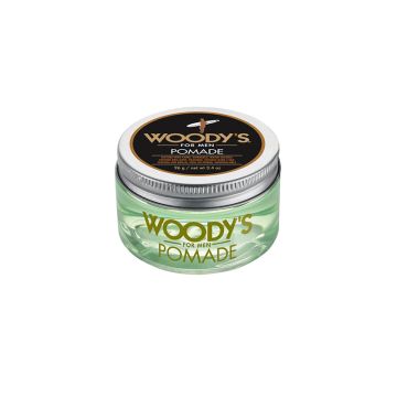 Top front view of a 3.4 ounce container of Woody's Pomade showing cap and jar featuring brand logo and information 