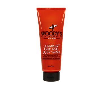 Front facing upright 8 fl oz squeeze tube of Woody's Just 4 Play Hair and Body Wash printed with brand markings