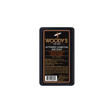 Front view of Woody's Charcoal bar soap with label text