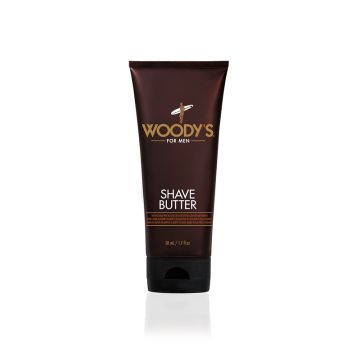 Frontage of a tube-type container of Woody's Shave Butter for men